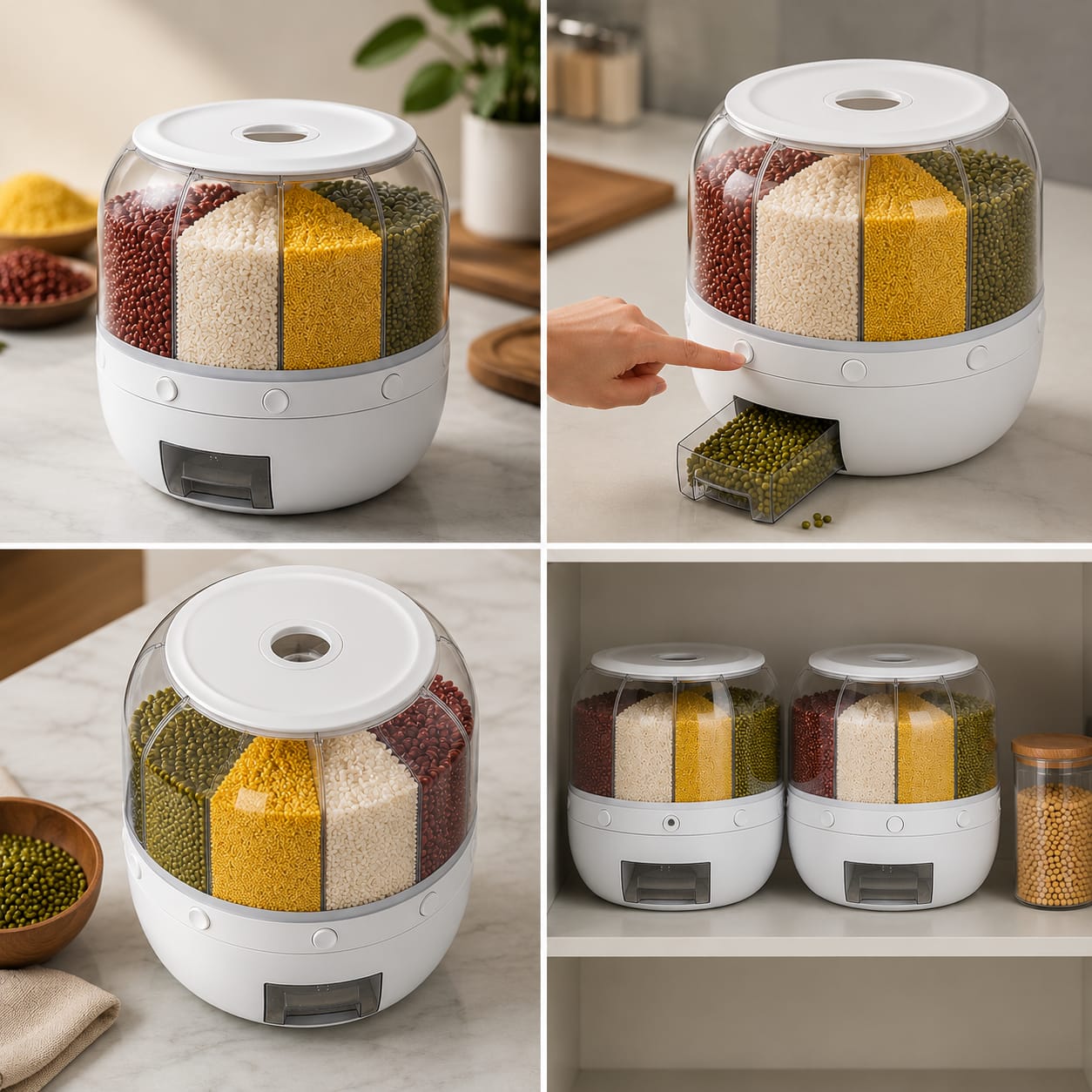 *Rotatable Airtight Rice Dispenser with 6-Portion Storage - Waterproof & Moisture-Proof Kitchen Storage Solution*