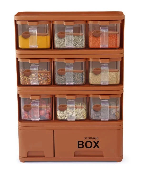 9 in 1  Storage Box Condiments & Spice Rack With 9 Spice Jars And Spoons - each jar Capacity 500ml
*Random Colors*