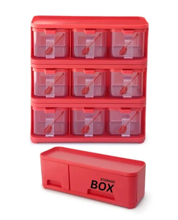 9 in 1  Storage Box Condiments & Spice Rack With 9 Spice Jars And Spoons - each jar Capacity 500ml
*Random Colors*