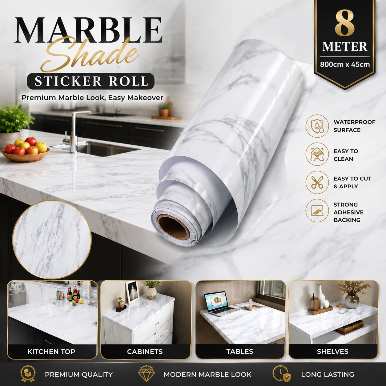 White and black Marble Shade 800cm by 45cm 🔥 *8 Meter* Big Size Sticker Roll