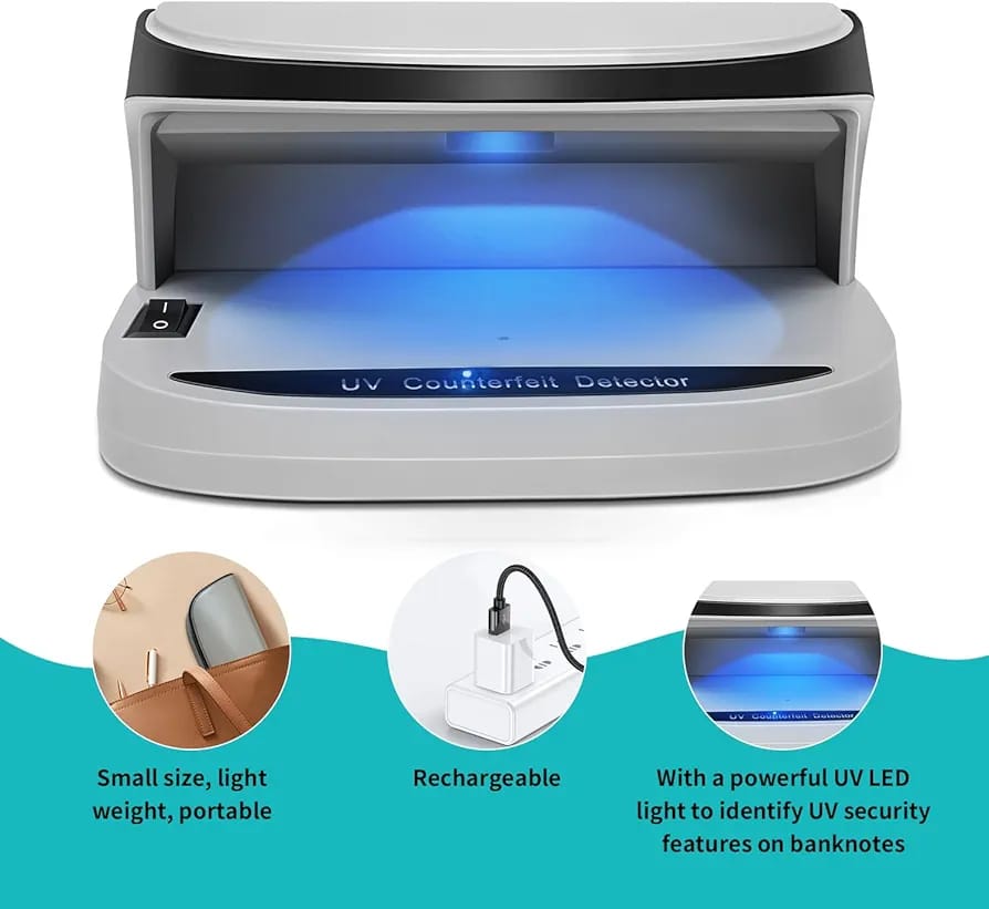 *UV Counterfeit Bill Money Detector, Small Footprint, Portable, Rechargeable, Lightweight, Bills Credit Cards Banknote Passports IDs All Currencies, Auto ON Off, LED Light Currency Check