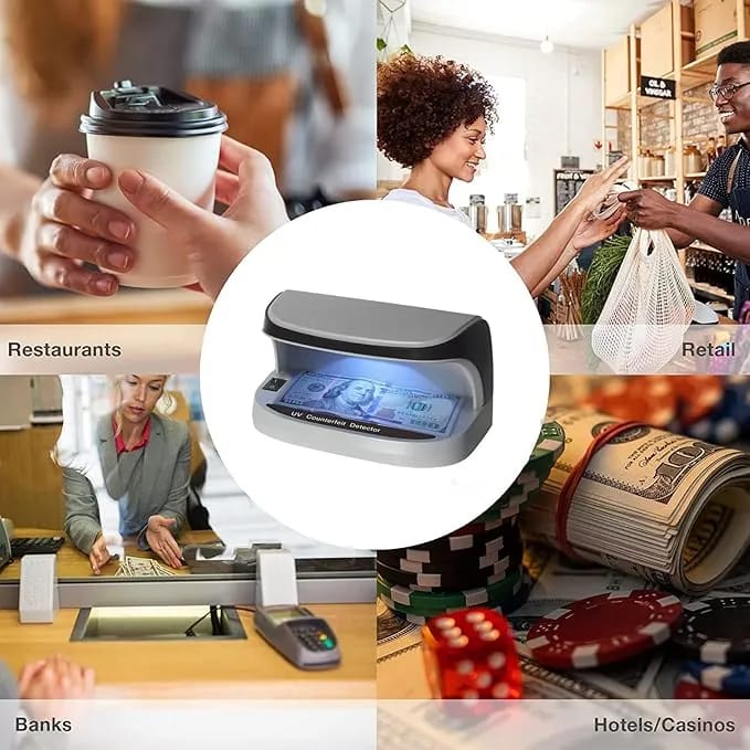 *UV Counterfeit Bill Money Detector, Small Footprint, Portable, Rechargeable, Lightweight, Bills Credit Cards Banknote Passports IDs All Currencies, Auto ON Off, LED Light Currency Check