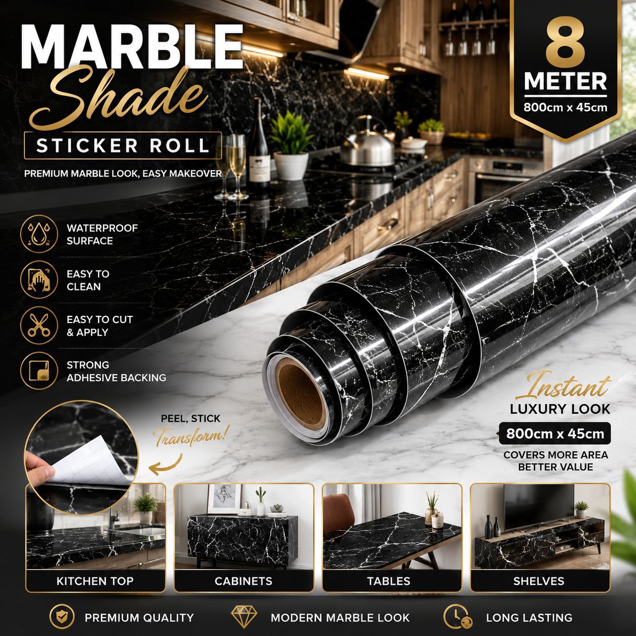 White and black Marble Shade 800cm by 45cm 🔥 *8 Meter* Big Size Sticker Roll